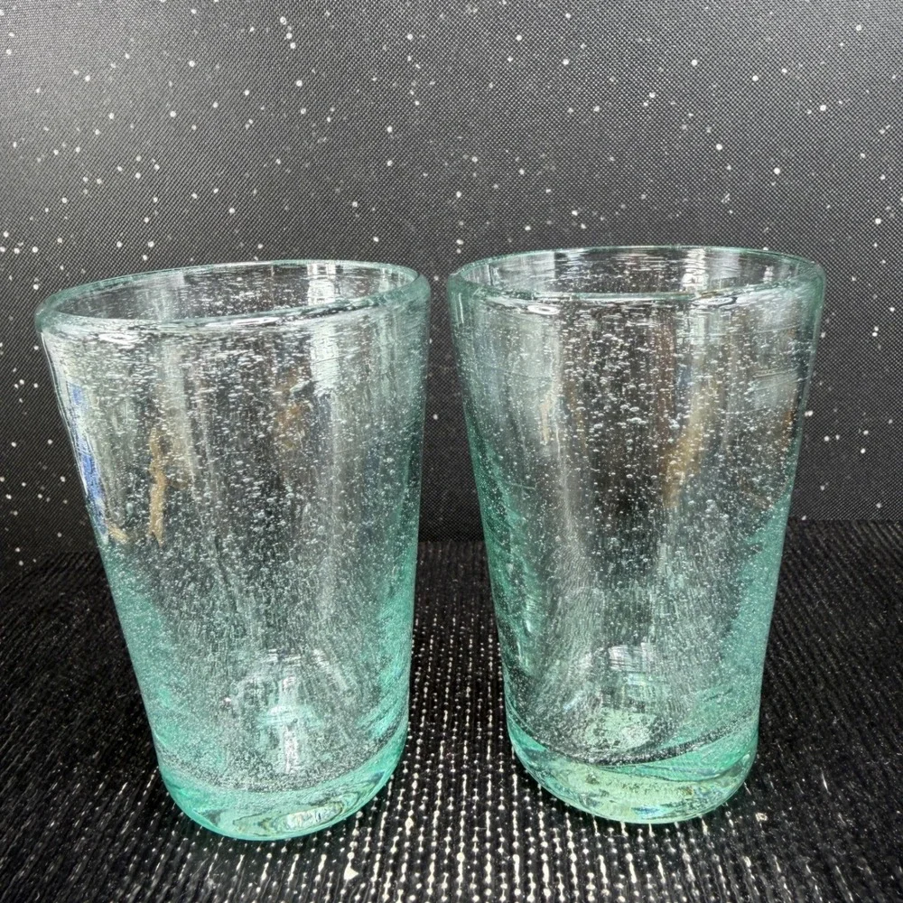 Pier 1 Seeded Bubble Glass Tumblers Aqua Light Green Set of 2 Shot Glasses VTG